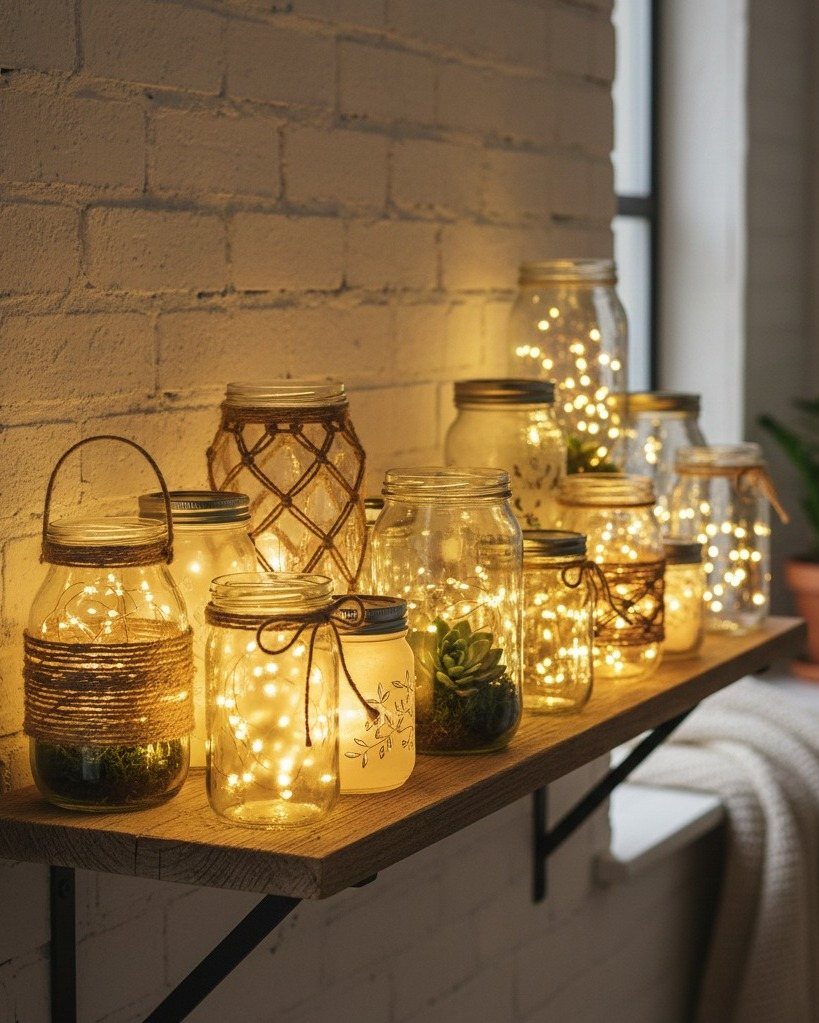 Mason jars filled with warm fairy lights arranged on a wooden shelf