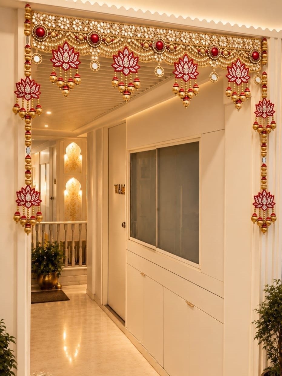Red and gold decorative toran hanging across a white home doorway entrance.