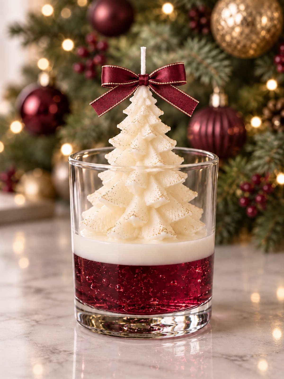 Christmas tree candle in a glass jar with red glitter and a bow