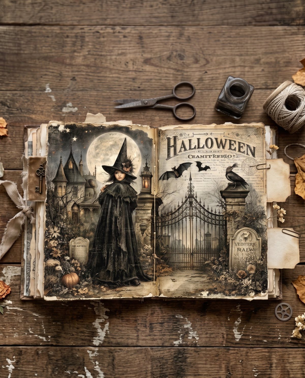 Open Halloween junk journal with witch and cemetery art on wooden table