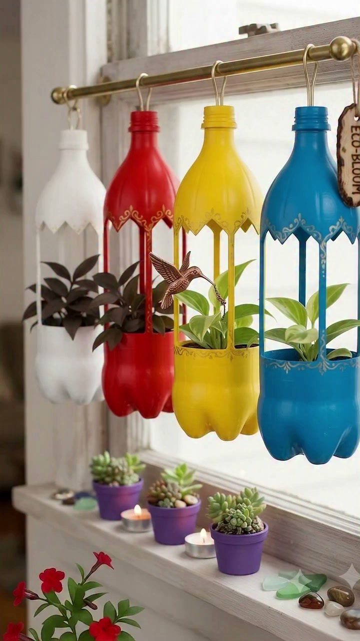 Painted plastic bottle planters hanging from a gold rod by a sunny window.