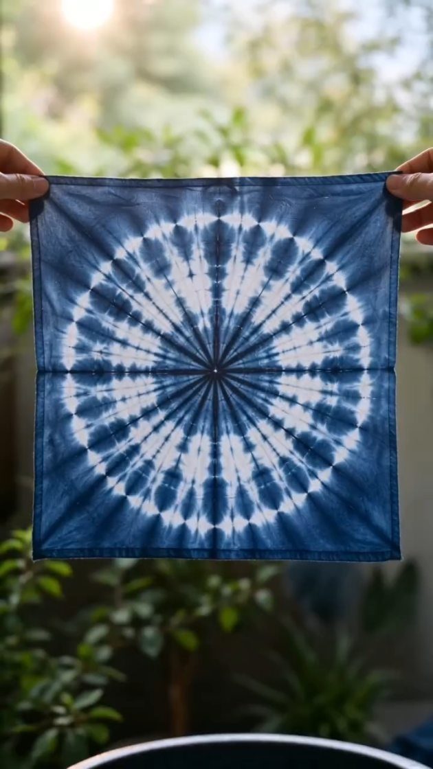 Blue and white tie-dye fabric cloth with a radial pattern held outdoors.