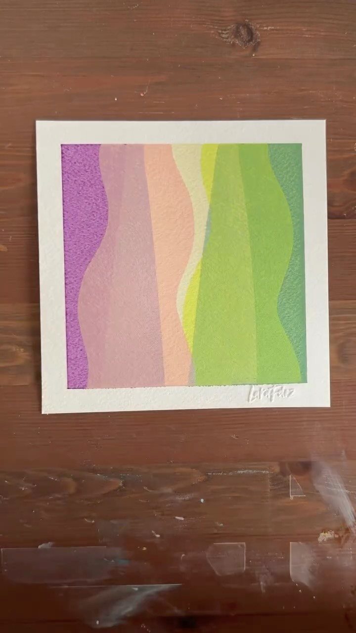 Watercolor painting with wavy vertical stripes of purple, pink, and green on paper.