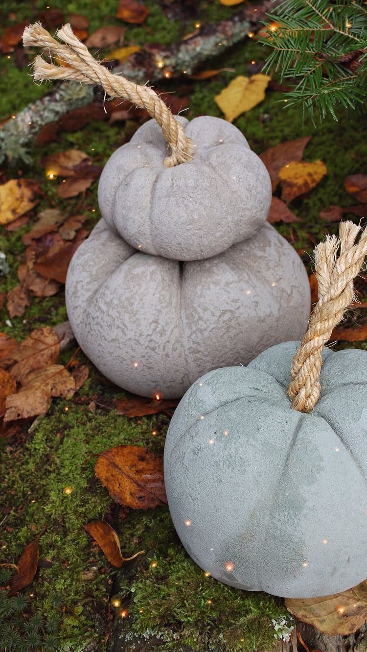 Grey concrete pumpkins with rope stems on green moss and autumn leaves.