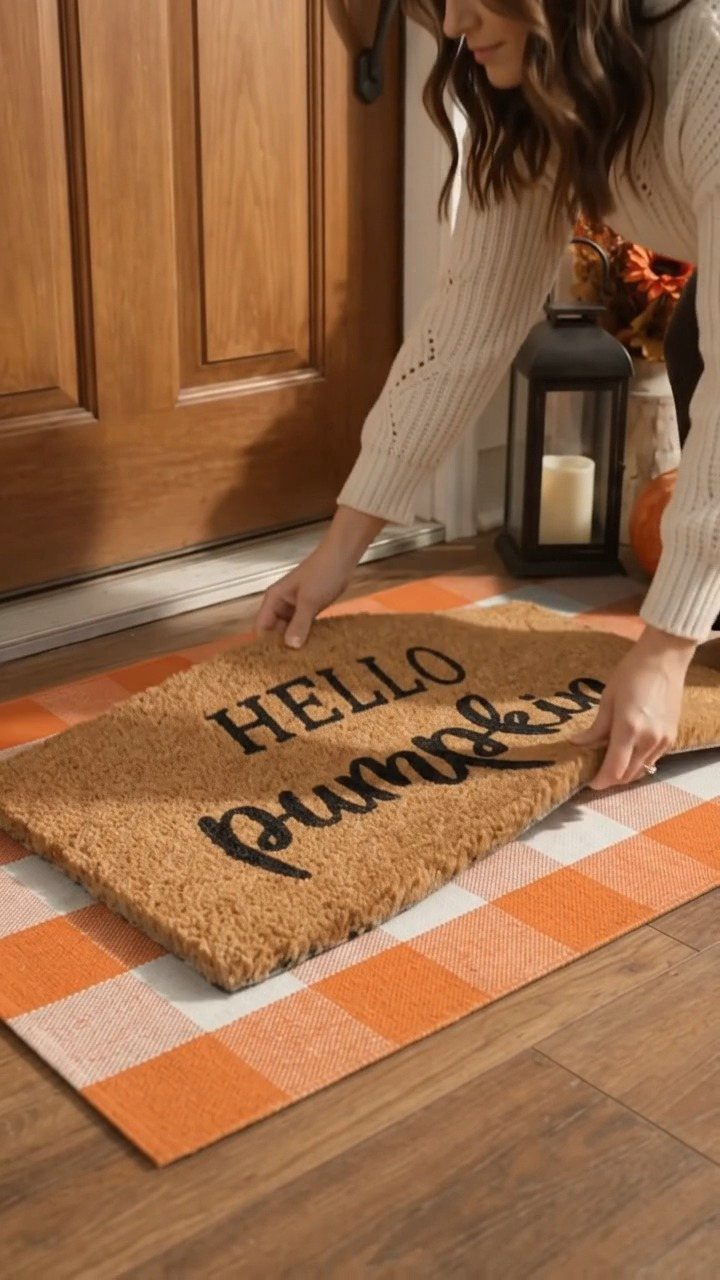 Brown coir doormat with Hello Pumpkin text on an orange checkered rug.