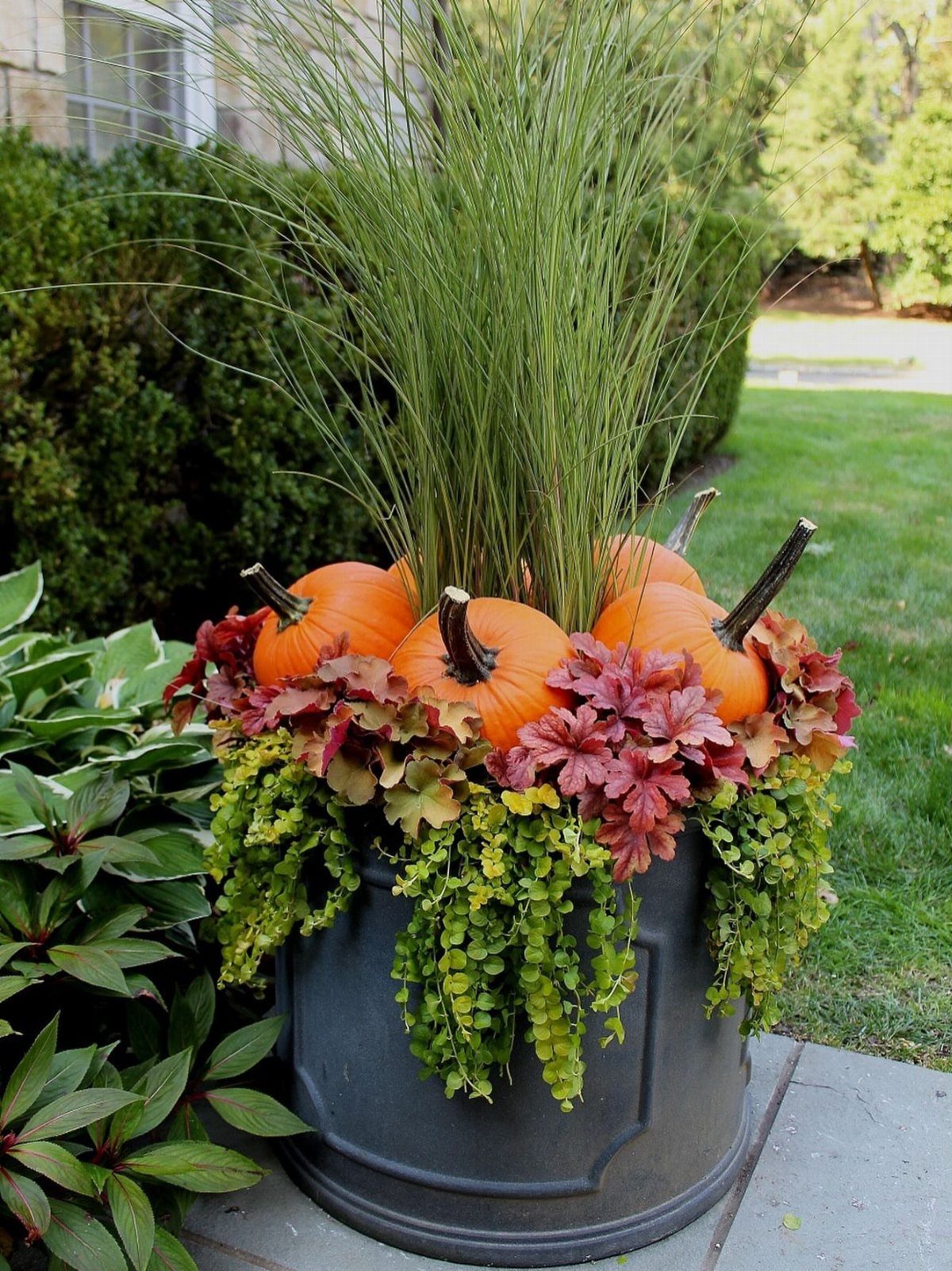 Black planter with tall grass, orange pumpkins, and red autumn leaves outdoors.