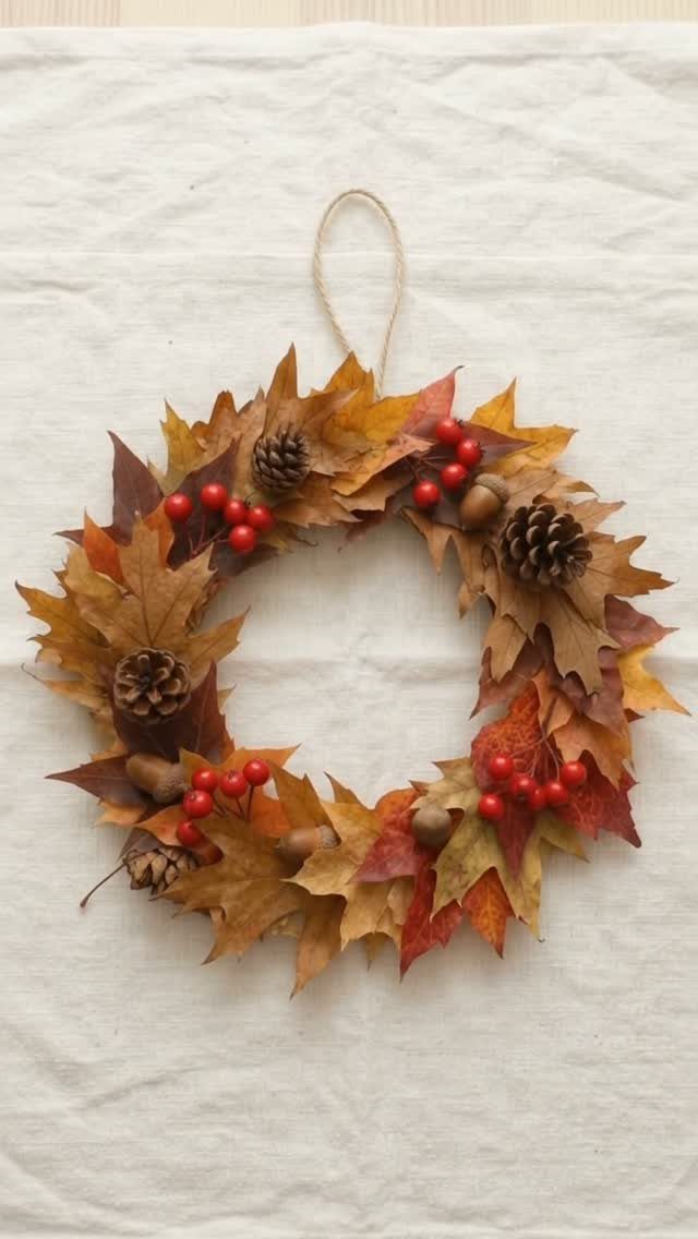 Autumn wreath with maple leaves, pinecones, and red berries on white fabric.