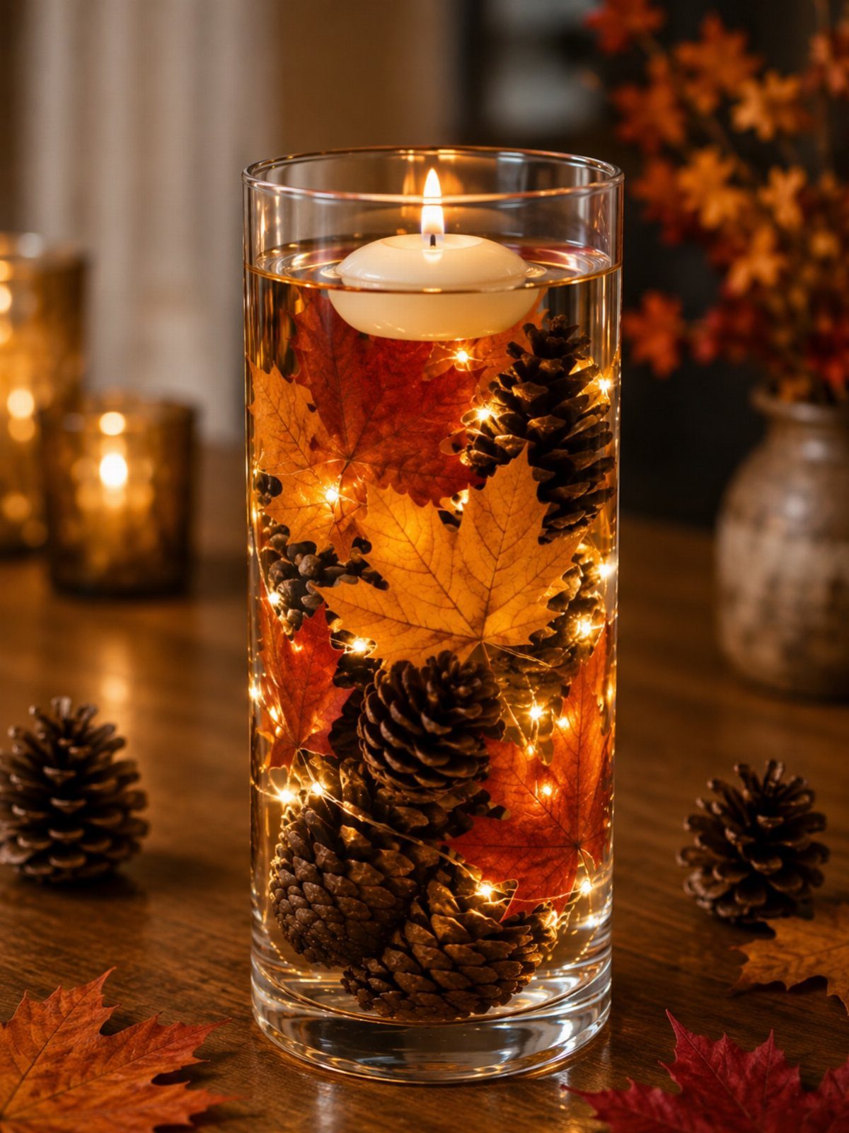 Glass cylinder vase with floating candle, autumn leaves, pinecones, and fairy lights.