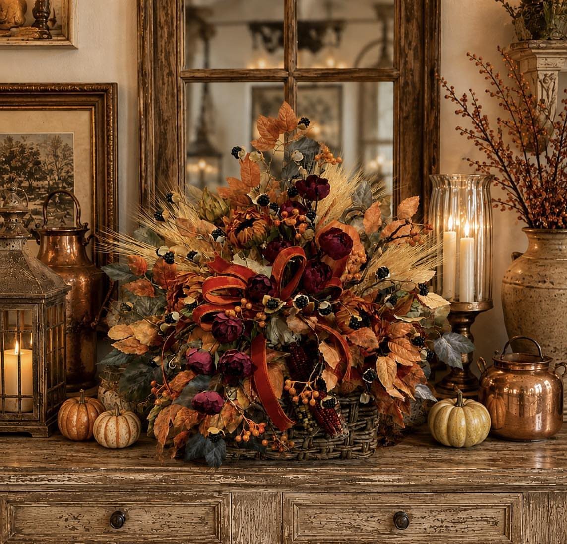 Woven basket filled with autumn leaves and flowers on a rustic wooden sideboard.