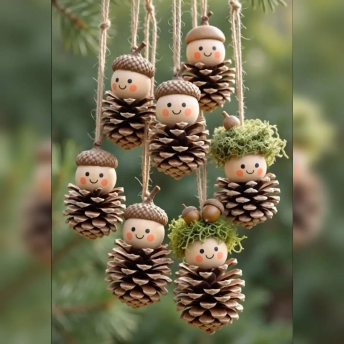 Pinecone and acorn figures with smiley faces hanging from a pine branch.