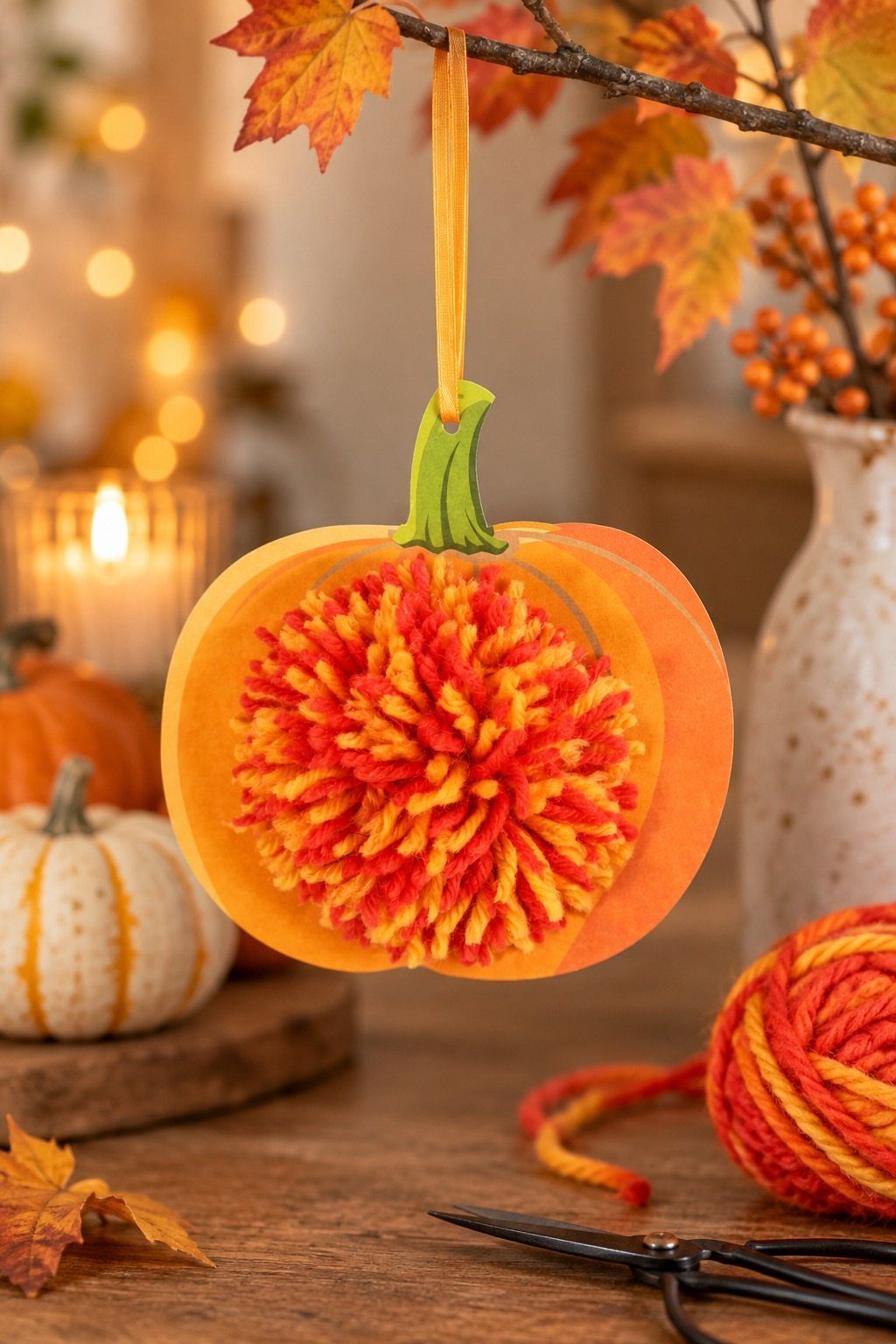Pumpkin ornament with a colorful yarn pom-pom hanging from an autumn branch