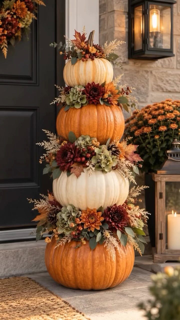 Stacked orange and white pumpkins with autumn flowers on a stone porch