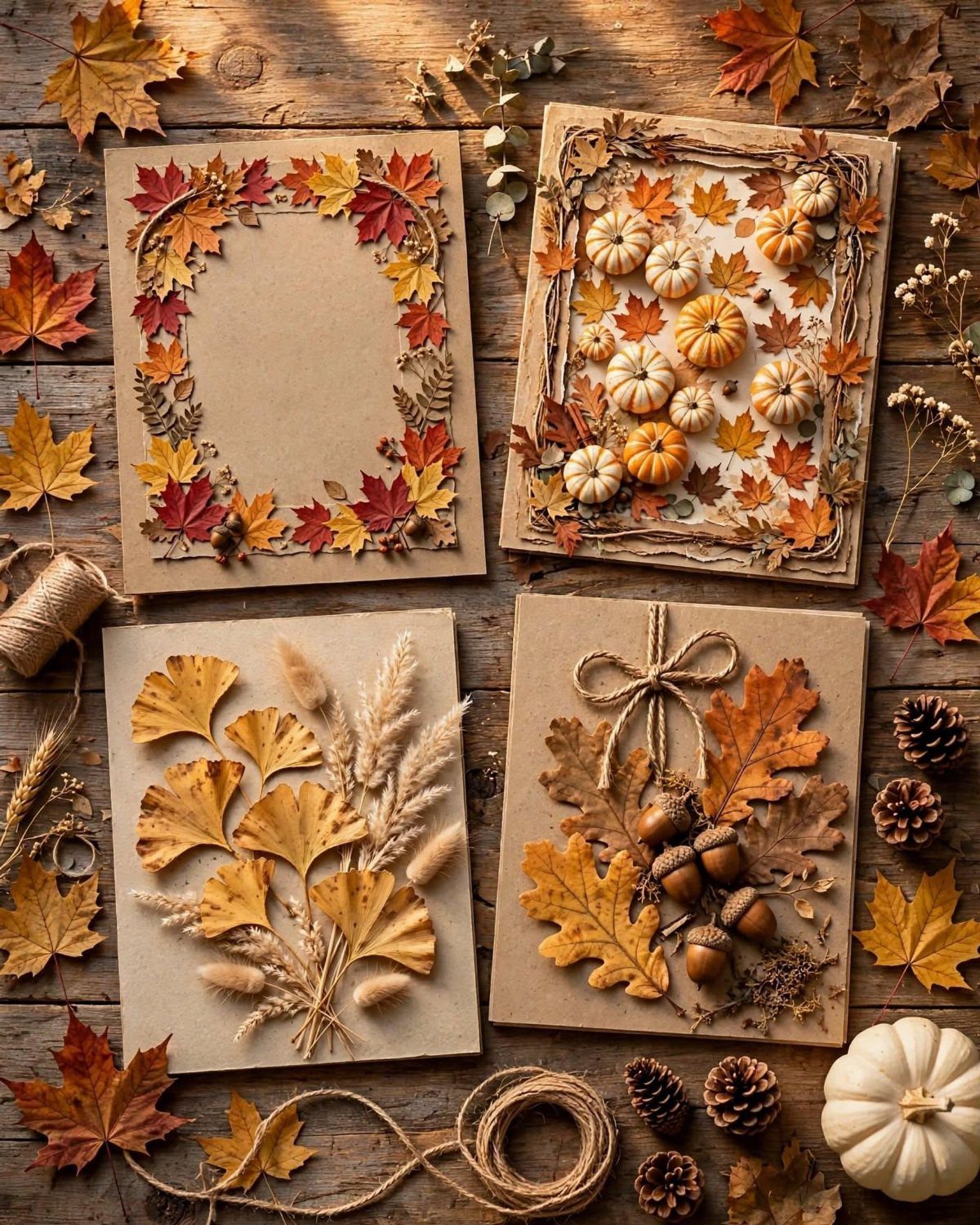 Autumn leaf and pumpkin art on brown cardstock arranged on a rustic wooden table