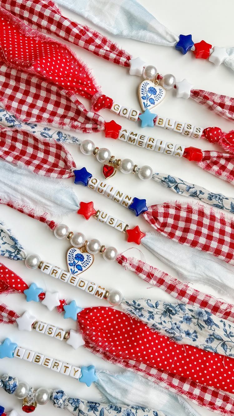 Handmade red white and blue bracelets with patriotic words and star beads