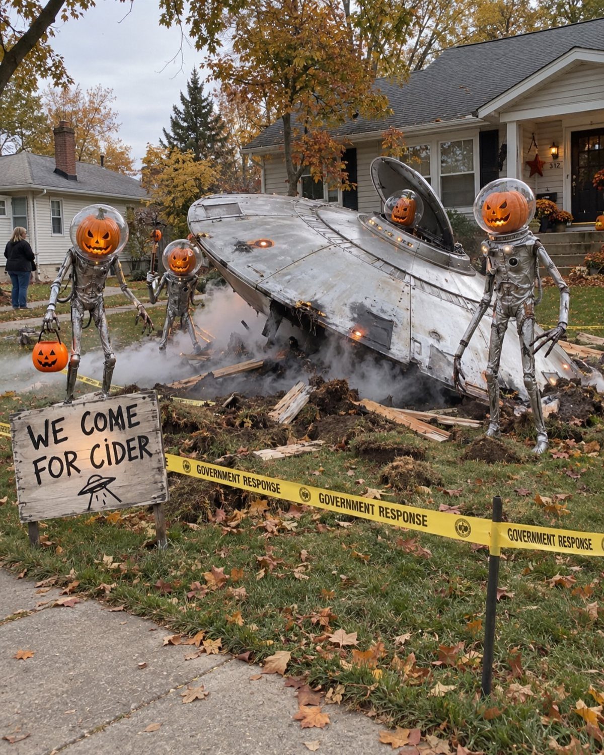 Crashed silver UFO with pumpkin-headed aliens and caution tape in a front yard.