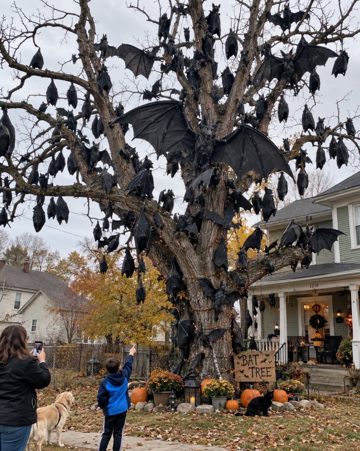 Black decorative bats hanging from a large leafless tree in a residential yard.
