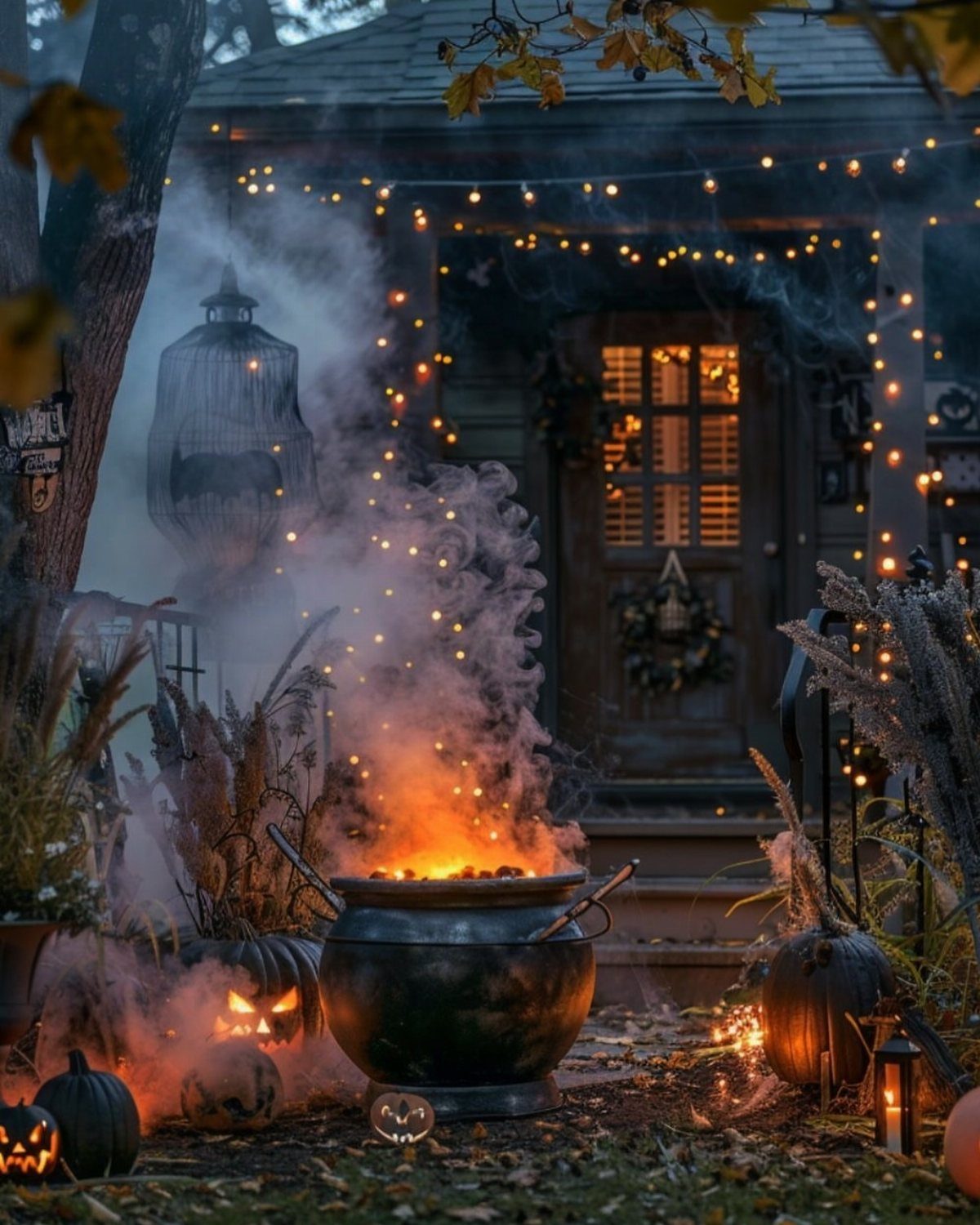 Black cauldron with glowing orange light and smoke on a decorated Halloween porch