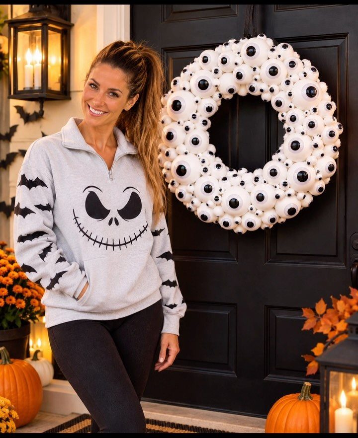 Woman standing by a black door featuring a large white eyeball wreath.