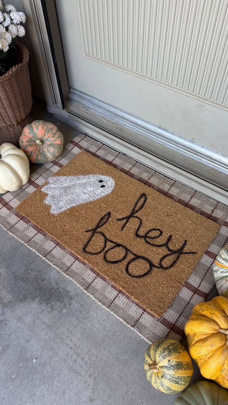 Halloween doormat with a ghost and 'hey boo' text surrounded by pumpkins