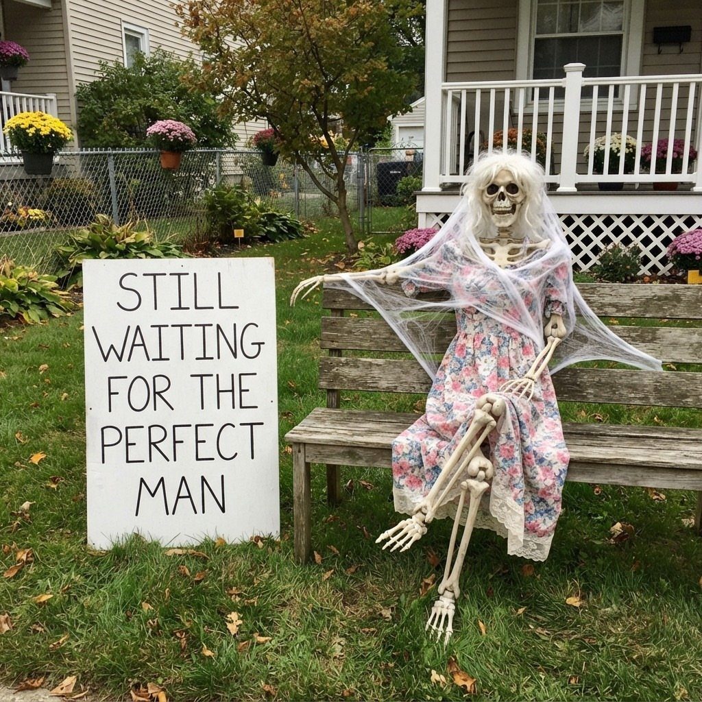 Skeleton in a floral dress sitting on a bench next to a funny sign.
