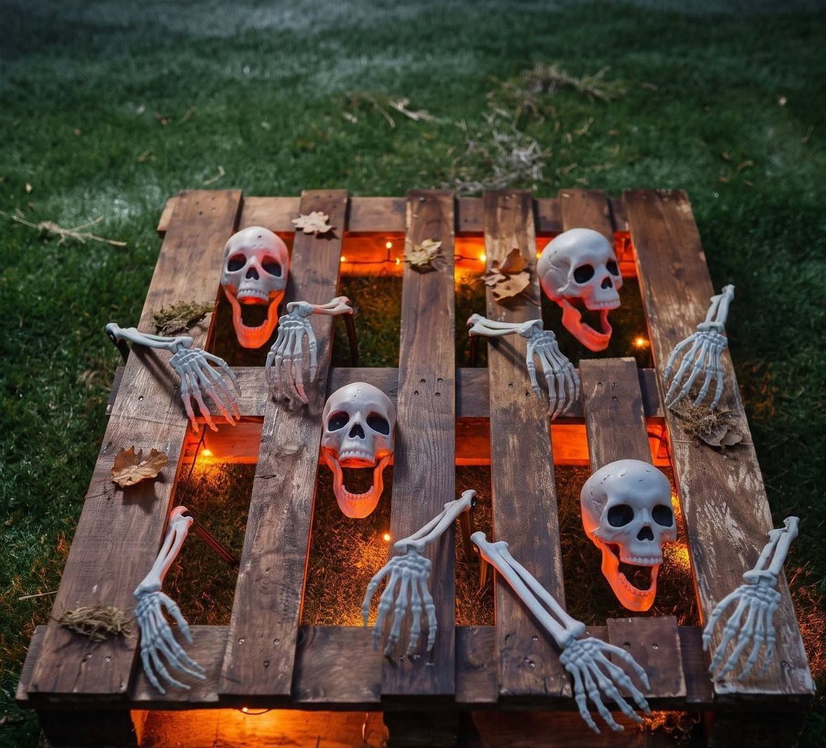 Skeletal skulls and hands emerging from a wooden pallet with orange under-lighting.