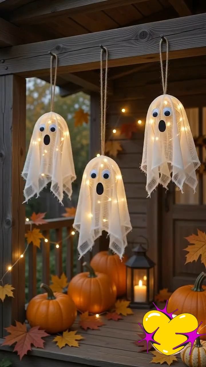 Three hanging white fabric ghosts on a porch with pumpkins and autumn leaves.