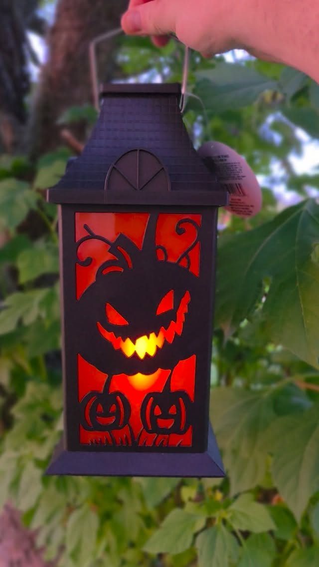 Black Halloween lantern with a glowing jack-o'-lantern cutout held against green foliage.