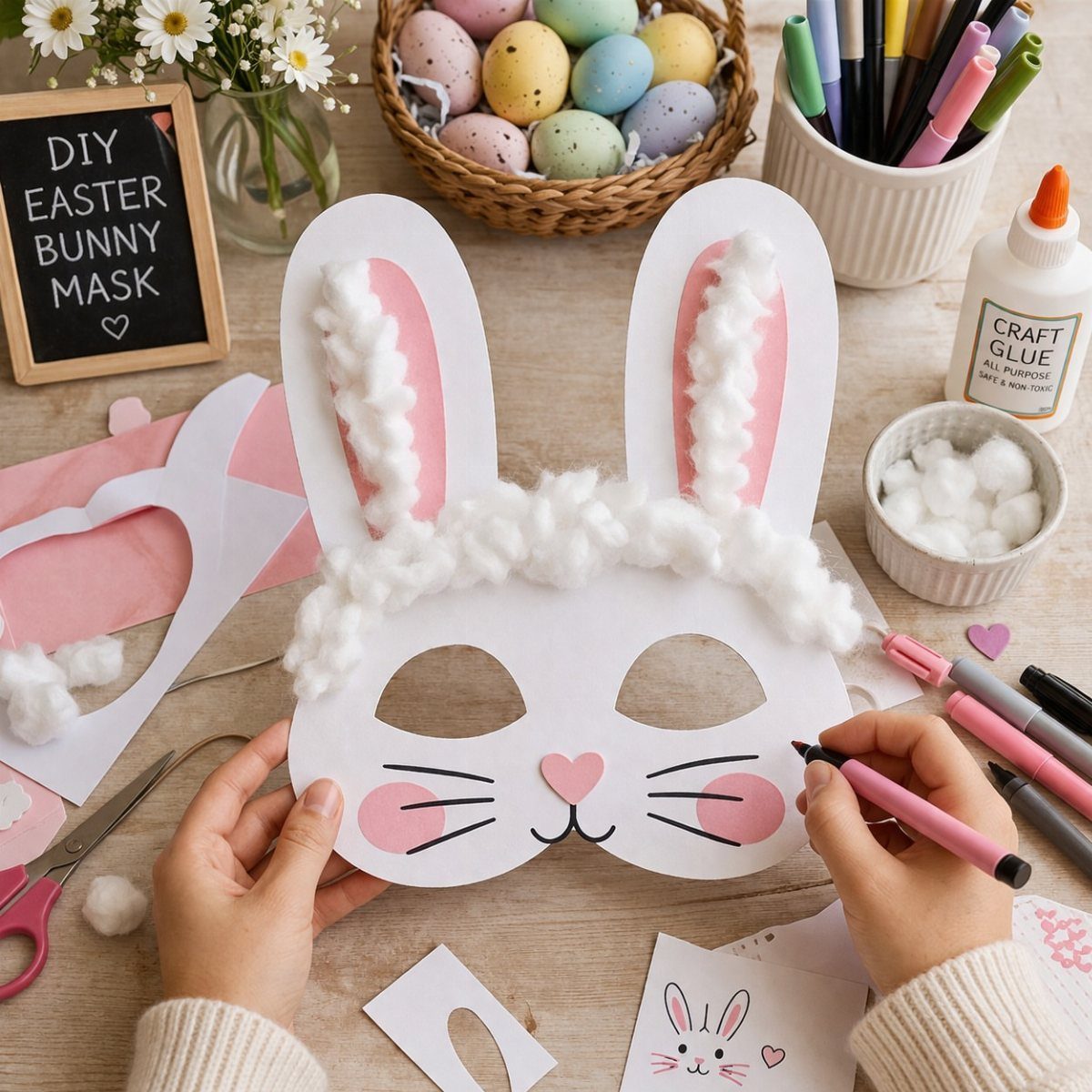 Hands holding a handmade white paper bunny mask with cotton fluff and pink details.