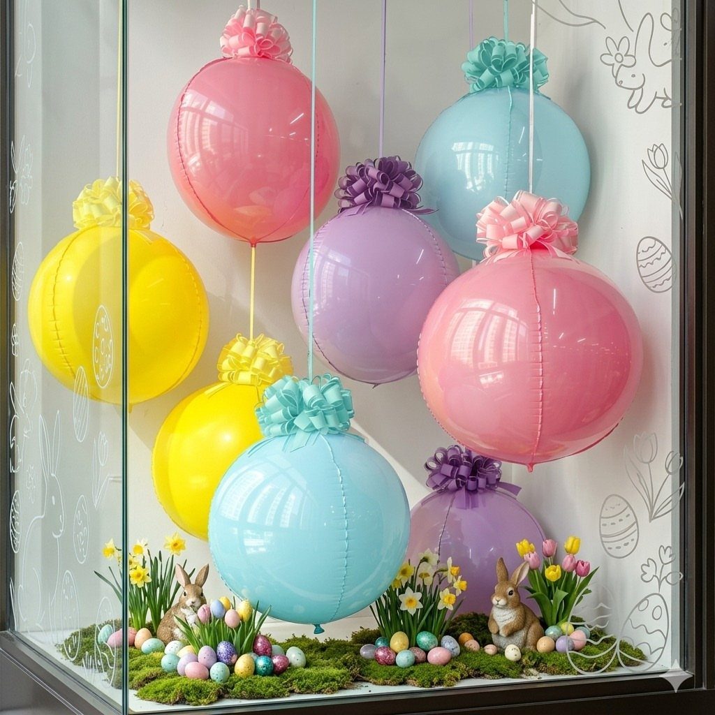 Pastel egg-shaped balloons floating in a window display with moss and bunny figurines.
