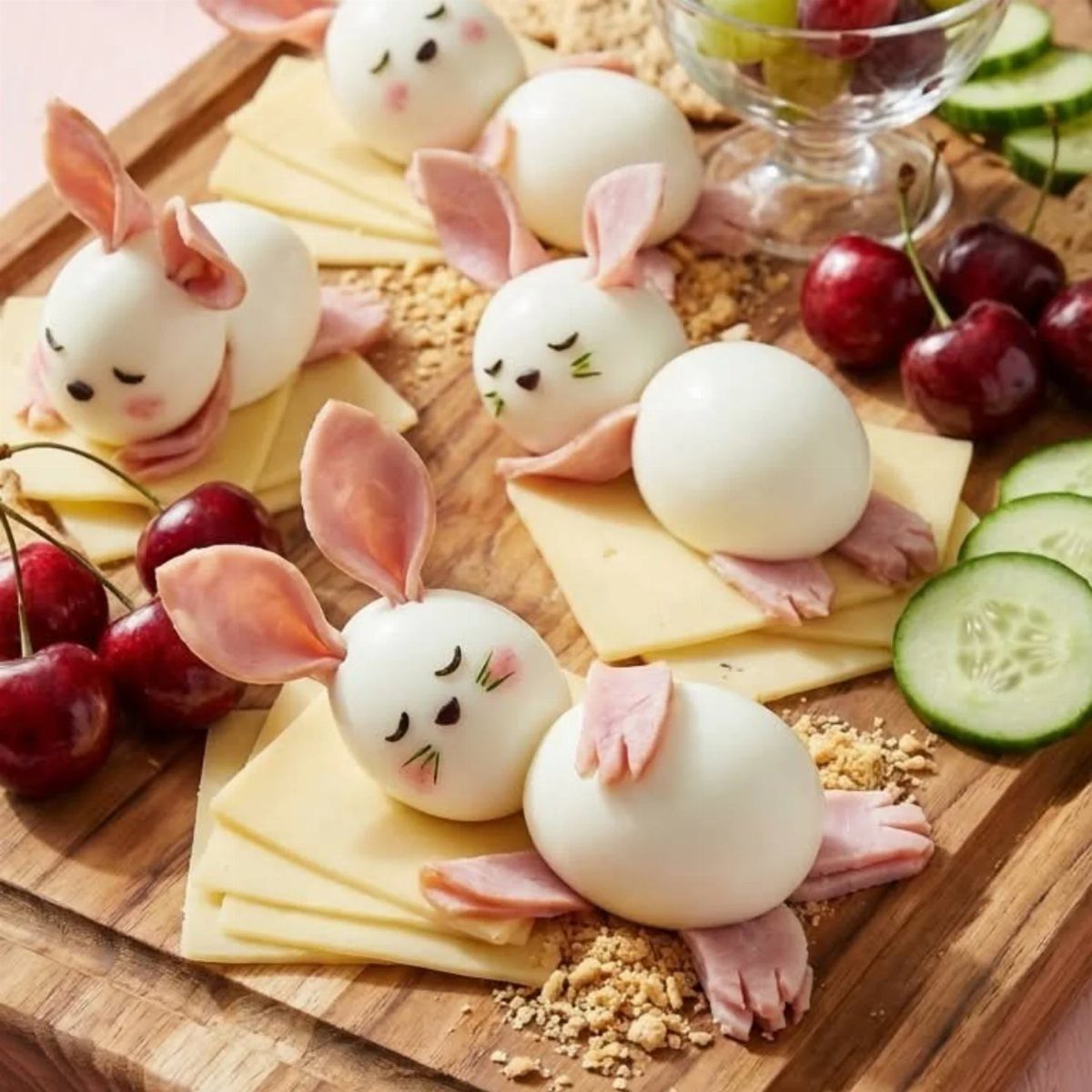 Hard-boiled egg bunnies with ham ears on a platter with cheese and fruit.