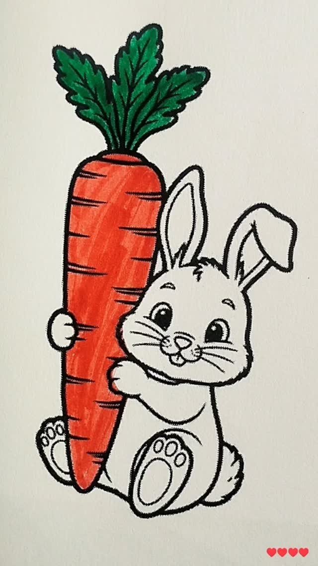 Colored drawing of a cute white bunny holding a large orange carrot.