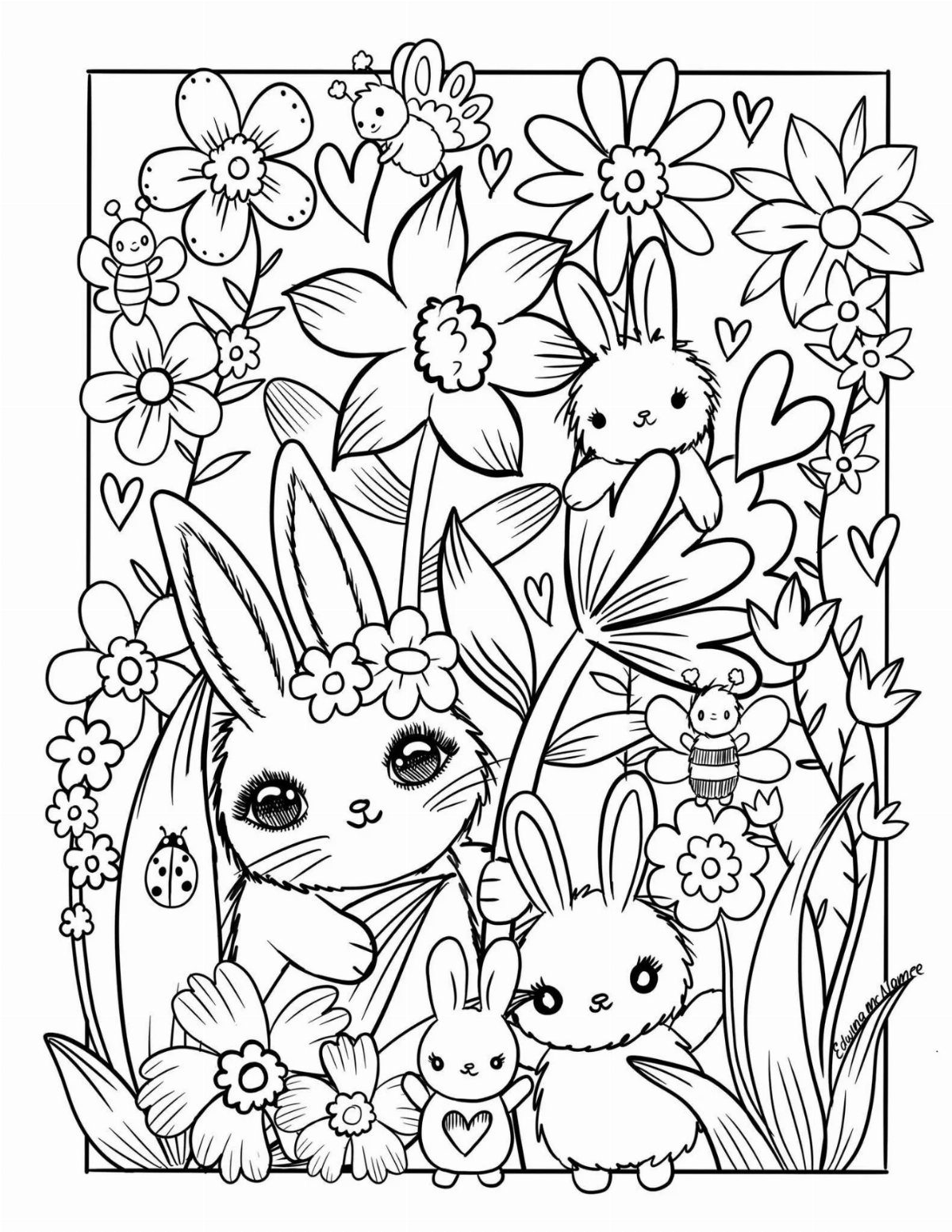 Black and white coloring page with cute bunnies, flowers, and bees.