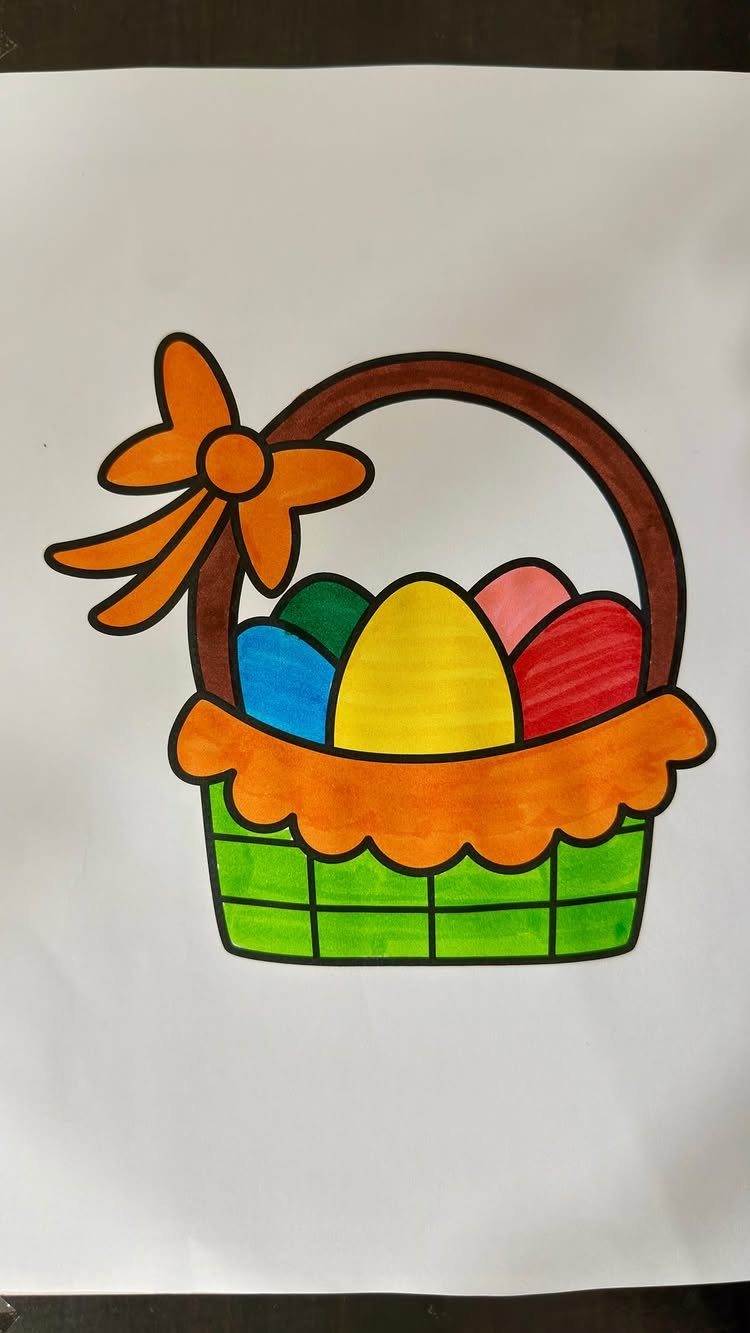 Colored drawing of a green Easter basket filled with bright colorful eggs