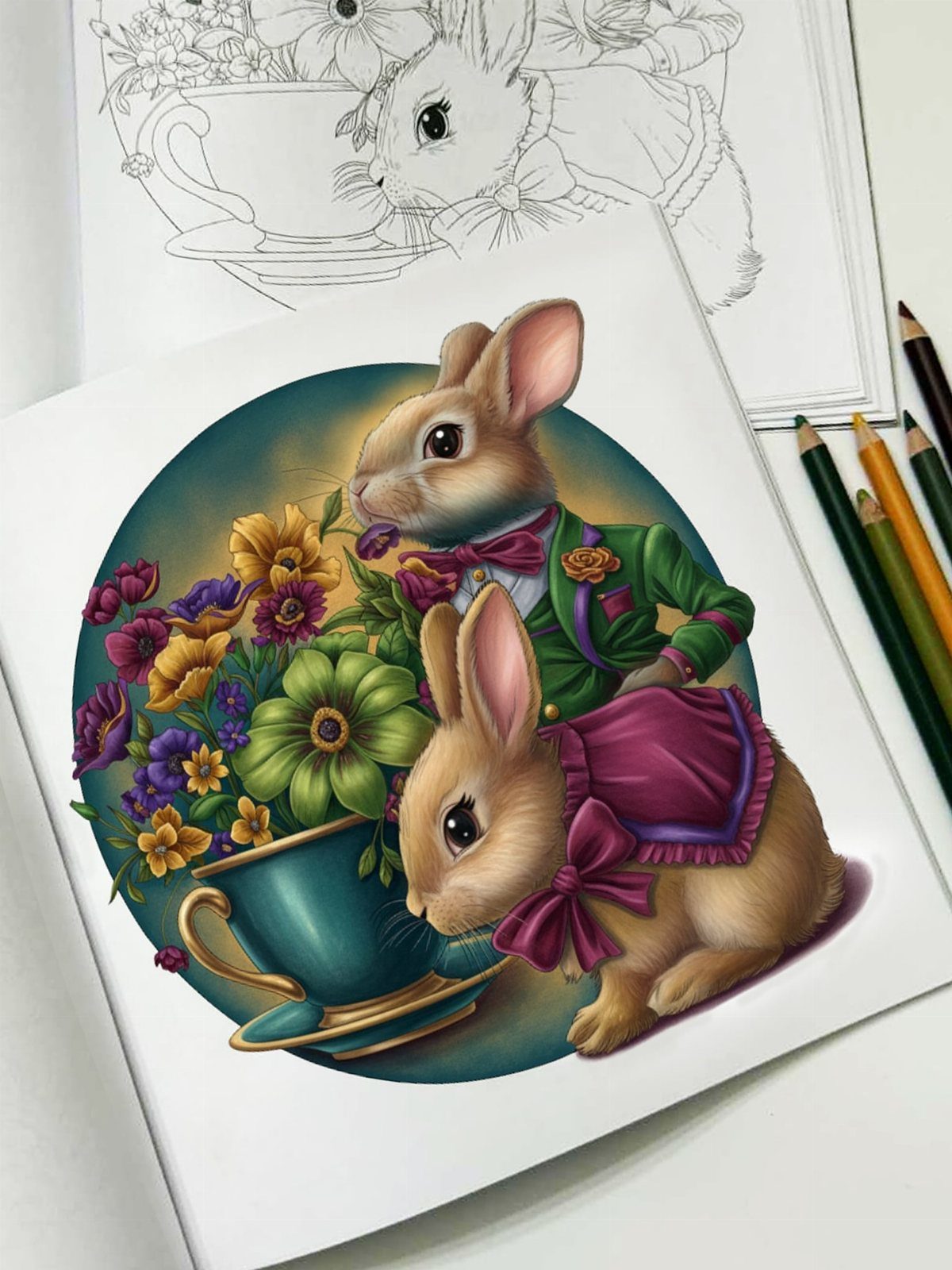 Two dressed rabbits with a flower-filled teacup on a colored drawing page.