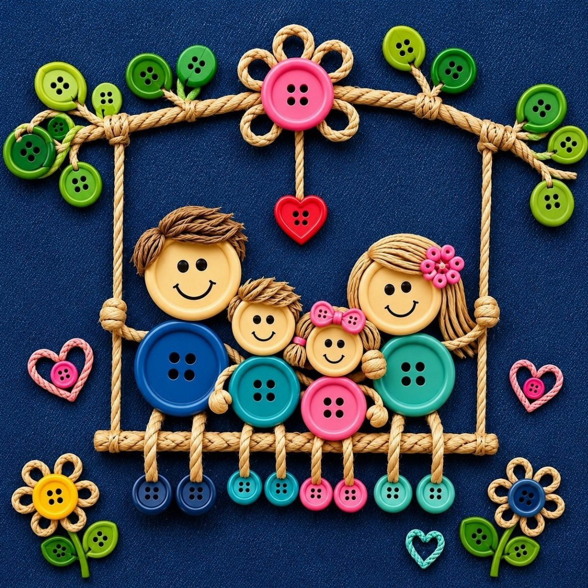 Button family sitting on a twine swing under a decorative button arch.