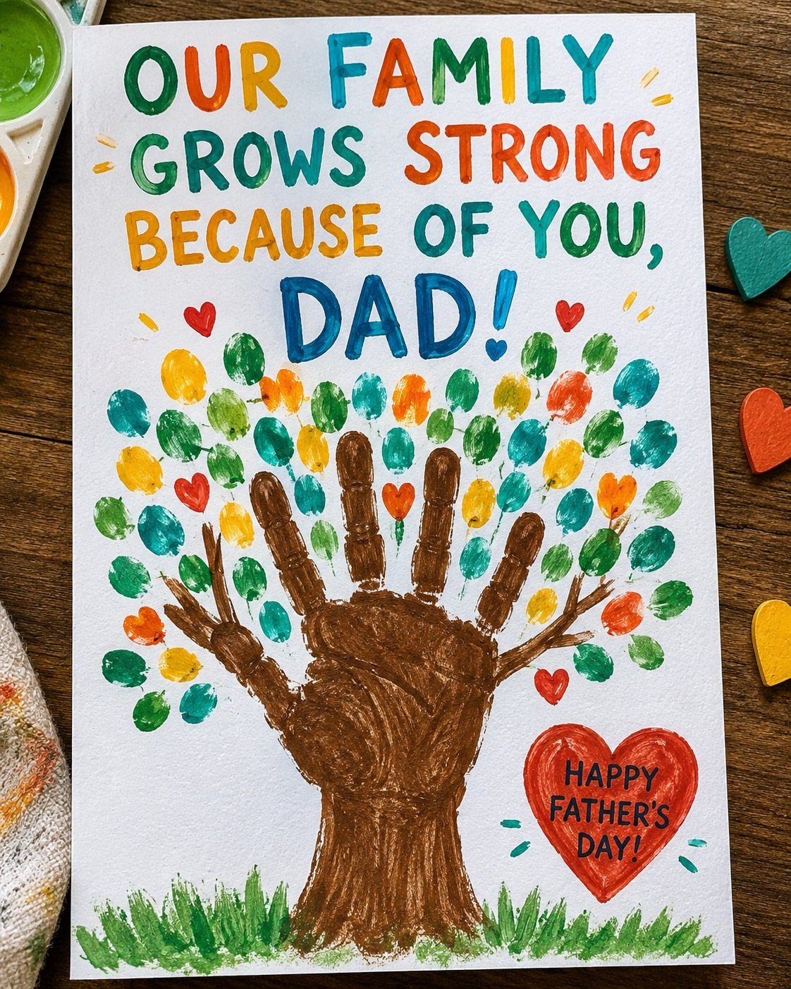 Handmade Father's Day card with a handprint tree trunk and colorful fingerprint leaves.