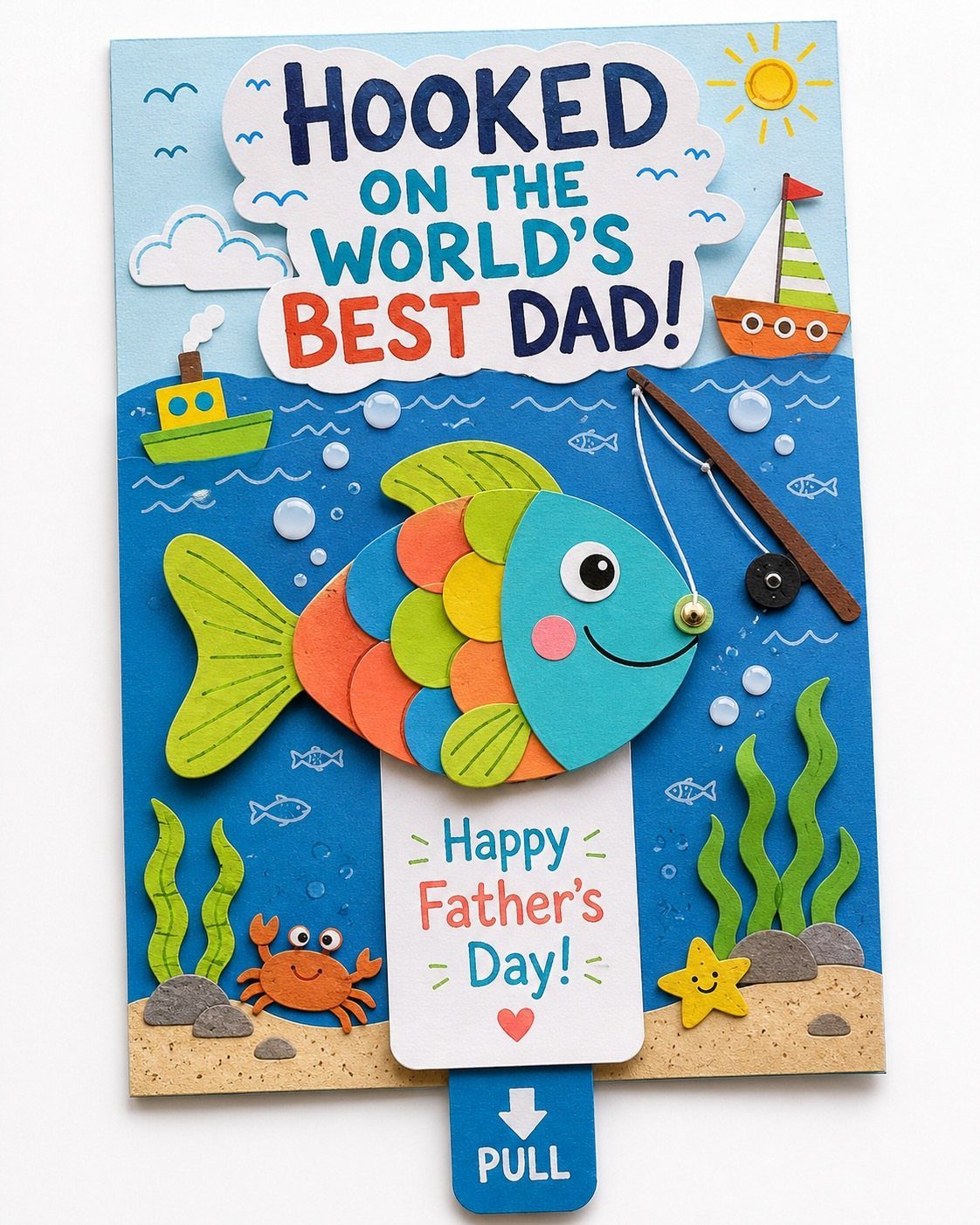 Colorful handmade Father's Day card with a large fish and fishing theme.