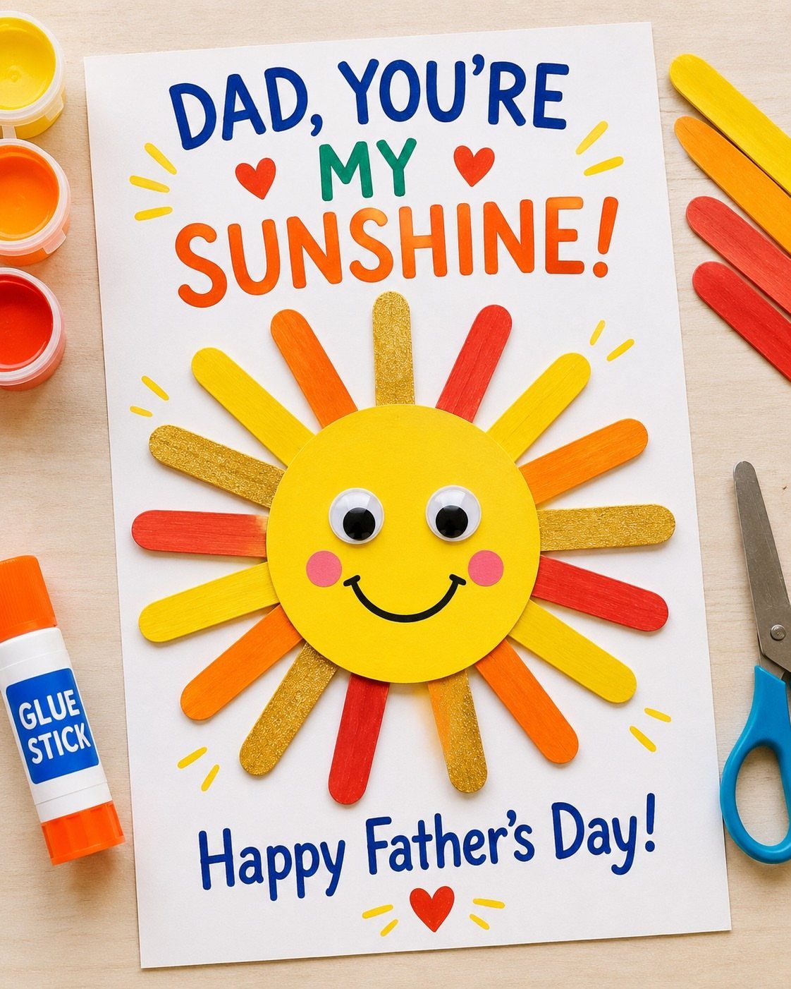 Handmade Father's Day card with a sun made from colorful popsicle sticks.