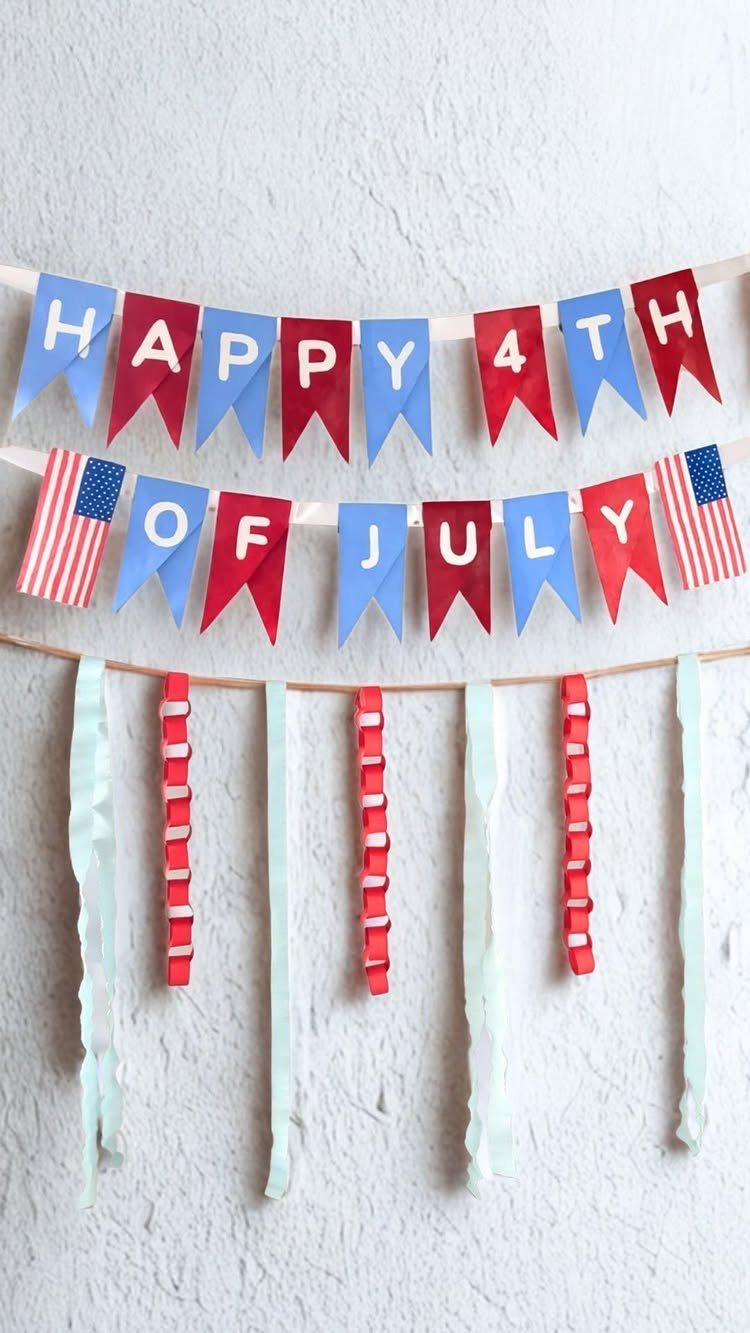 Red, white, and blue paper bunting banner reading Happy 4th of July