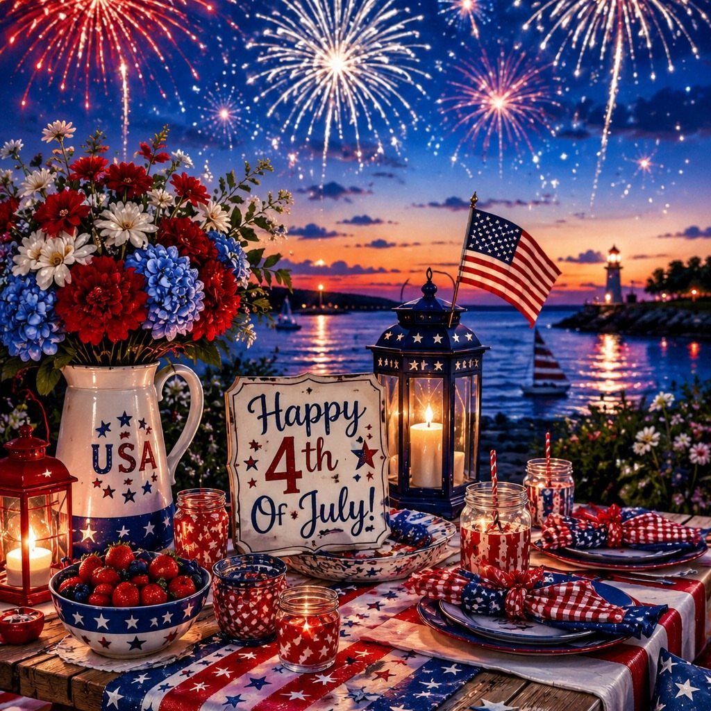 Patriotic table setting with a starred runner, red white and blue flowers, and fireworks.