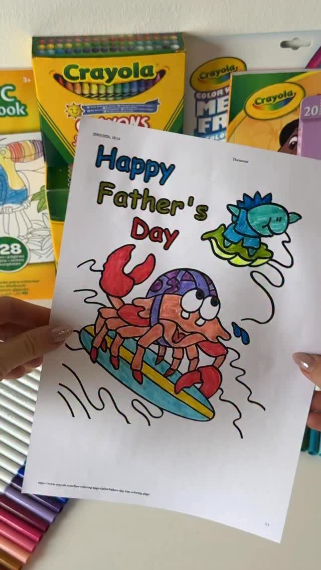 Colored Father's Day coloring page with surfing crab and dinosaur held by hands.