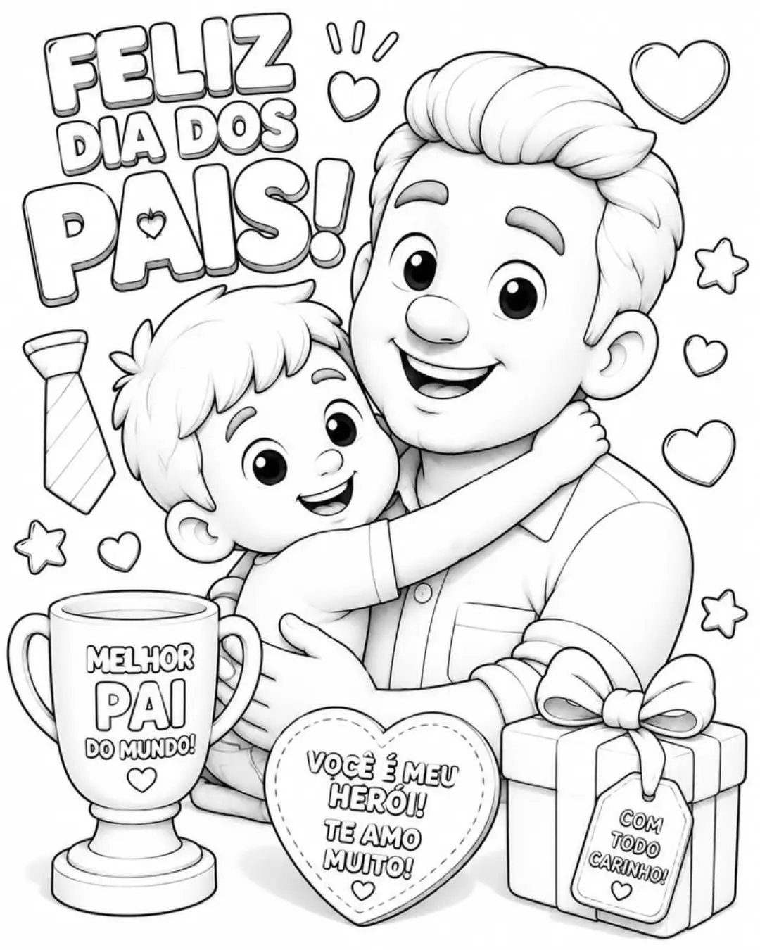 Father and son hugging in a black and white coloring page with hearts.