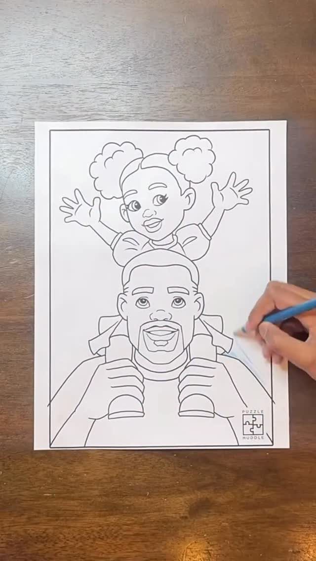Hand coloring a line drawing of a father with a child on his shoulders.