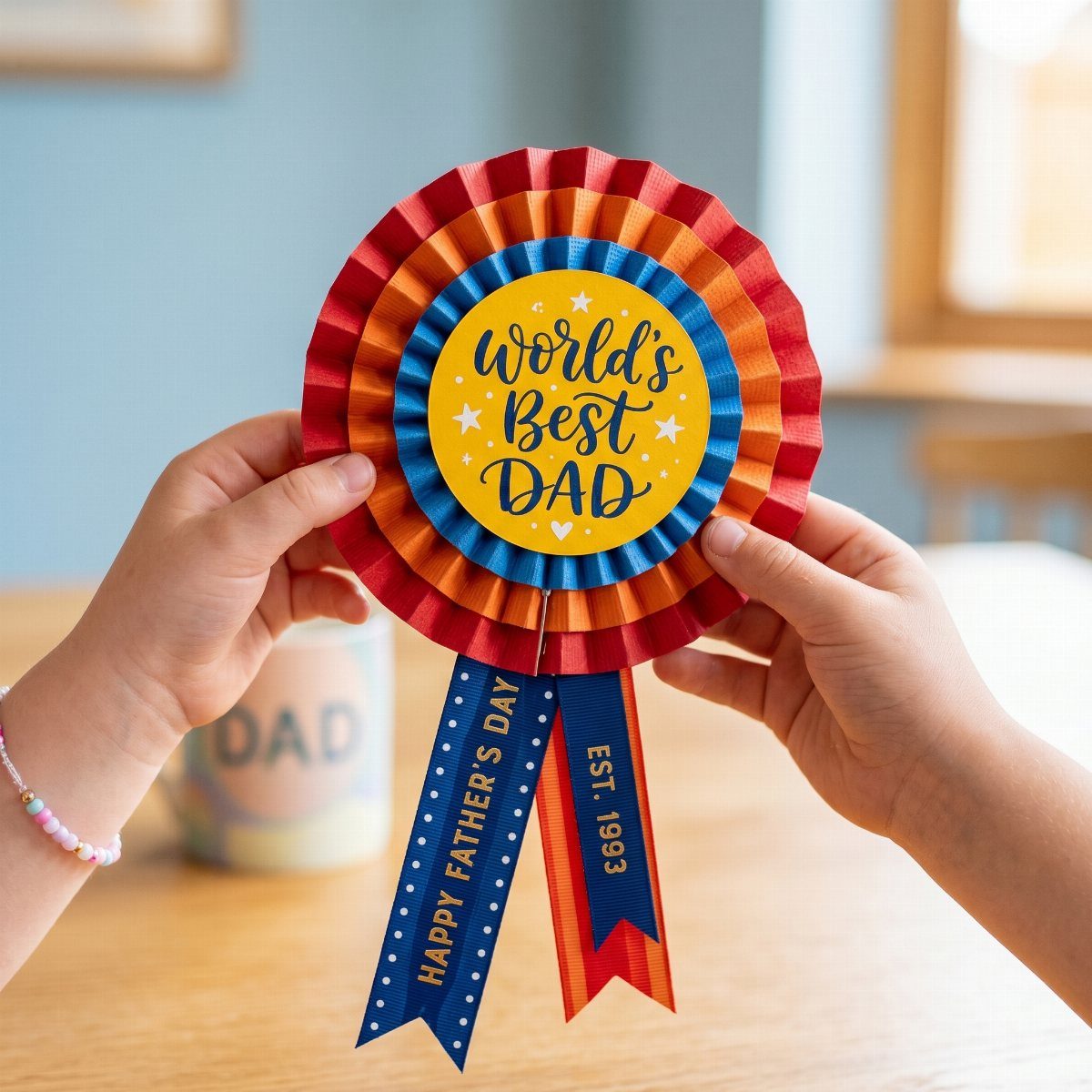 Child holding a handmade World's Best Dad prize ribbon with colorful pleated paper.