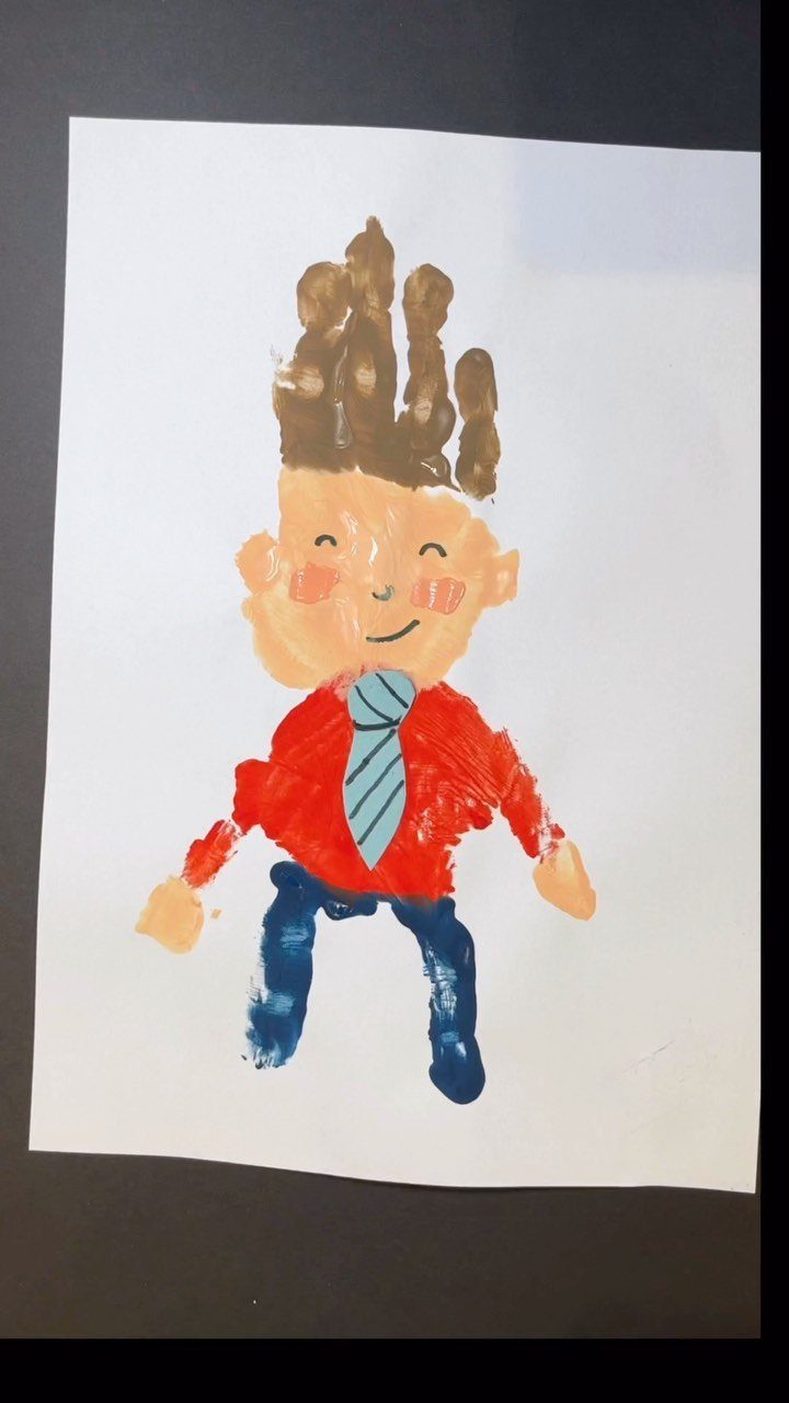 Child's painting of a man wearing a red shirt and blue striped tie.