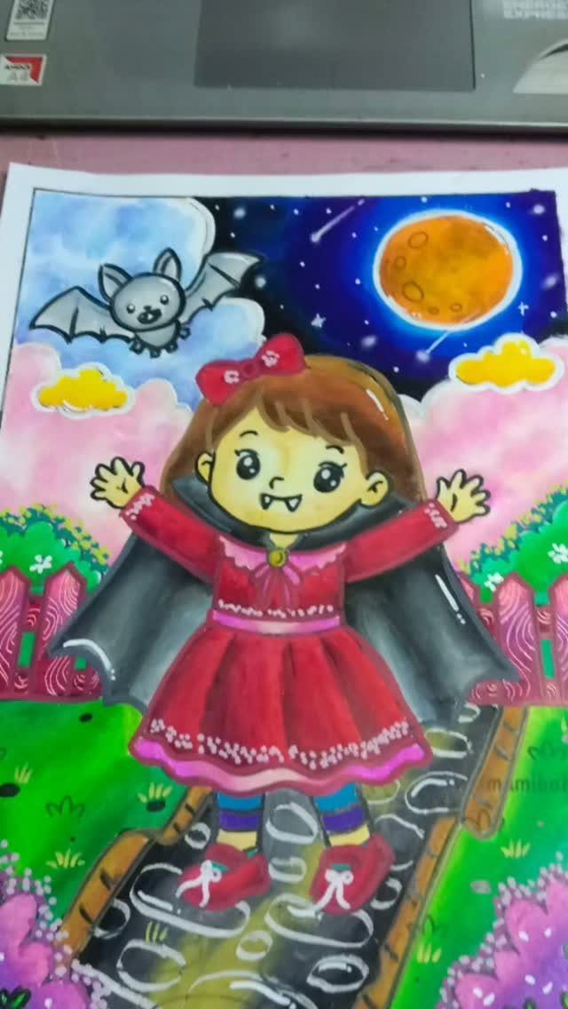 Colored drawing of a girl in a vampire costume under a full moon