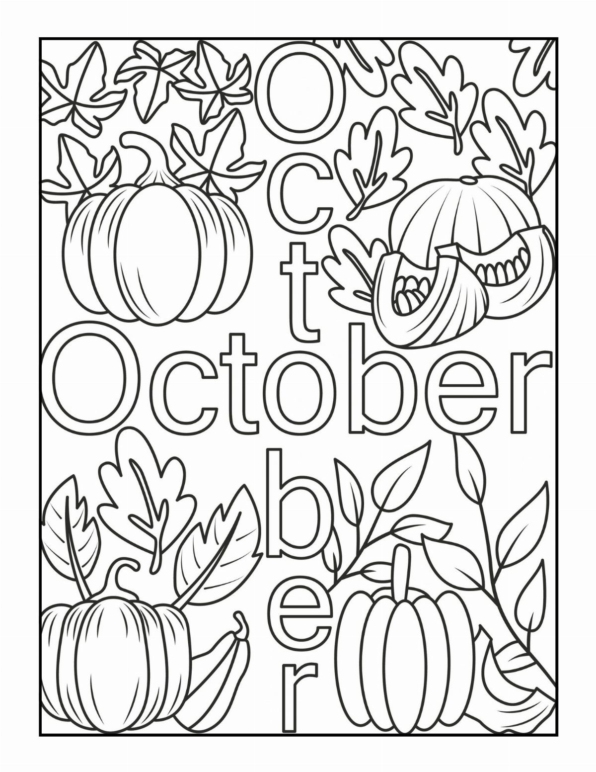 Coloring page with pumpkins, autumn leaves, and the word October in outline text.
