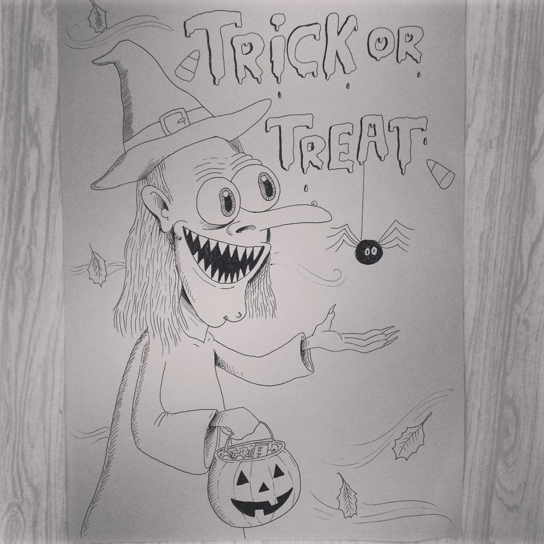 Witch holding a pumpkin candy bucket with Trick or Treat text above her
