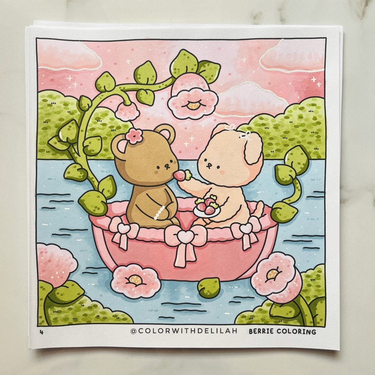Two cute bears in a pink heart boat surrounded by pink flowers.