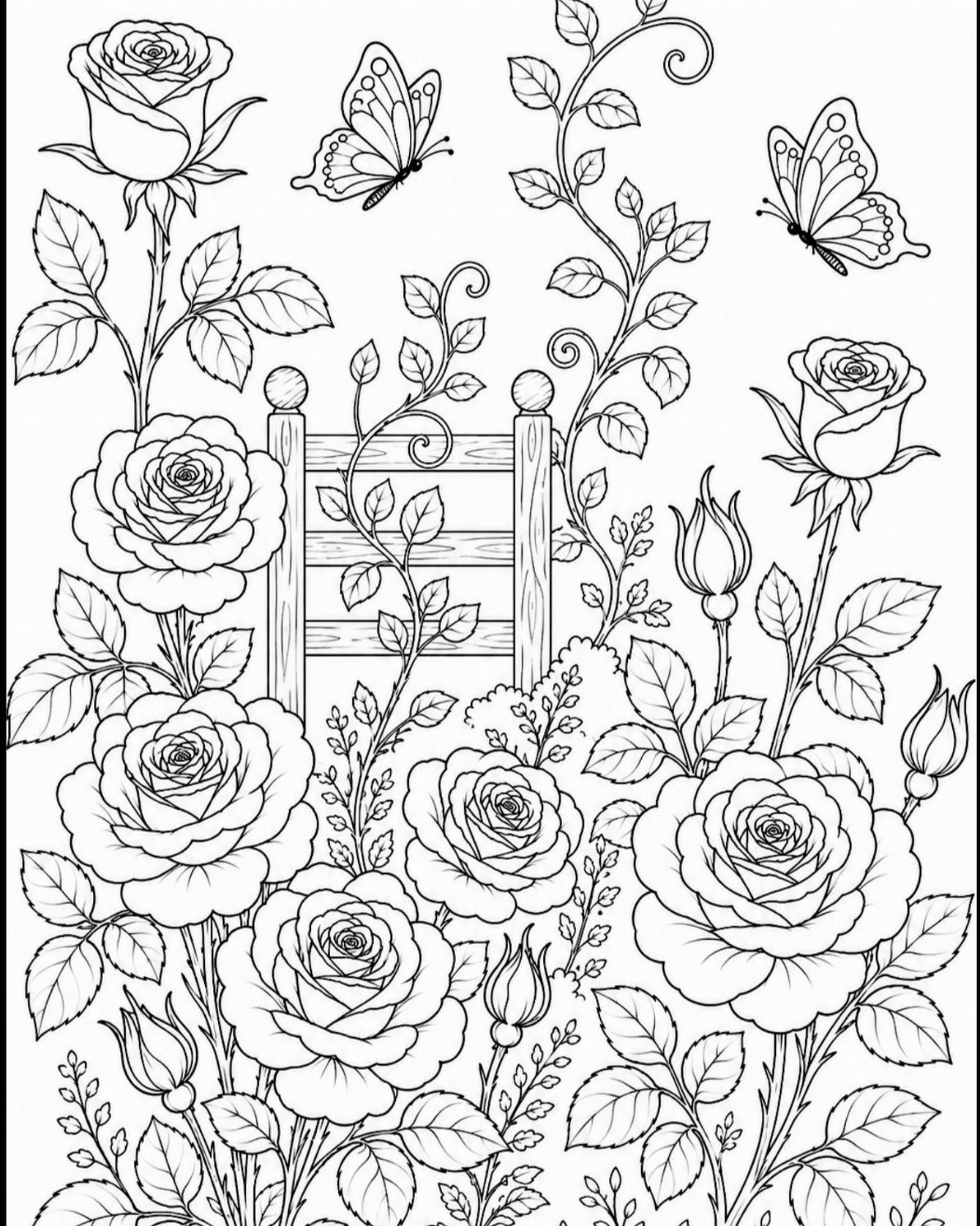 Roses and butterflies surrounding a small wooden fence in a coloring page design.